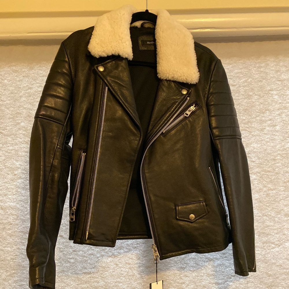 Vanquish - Leather biker jacket with mutton collar